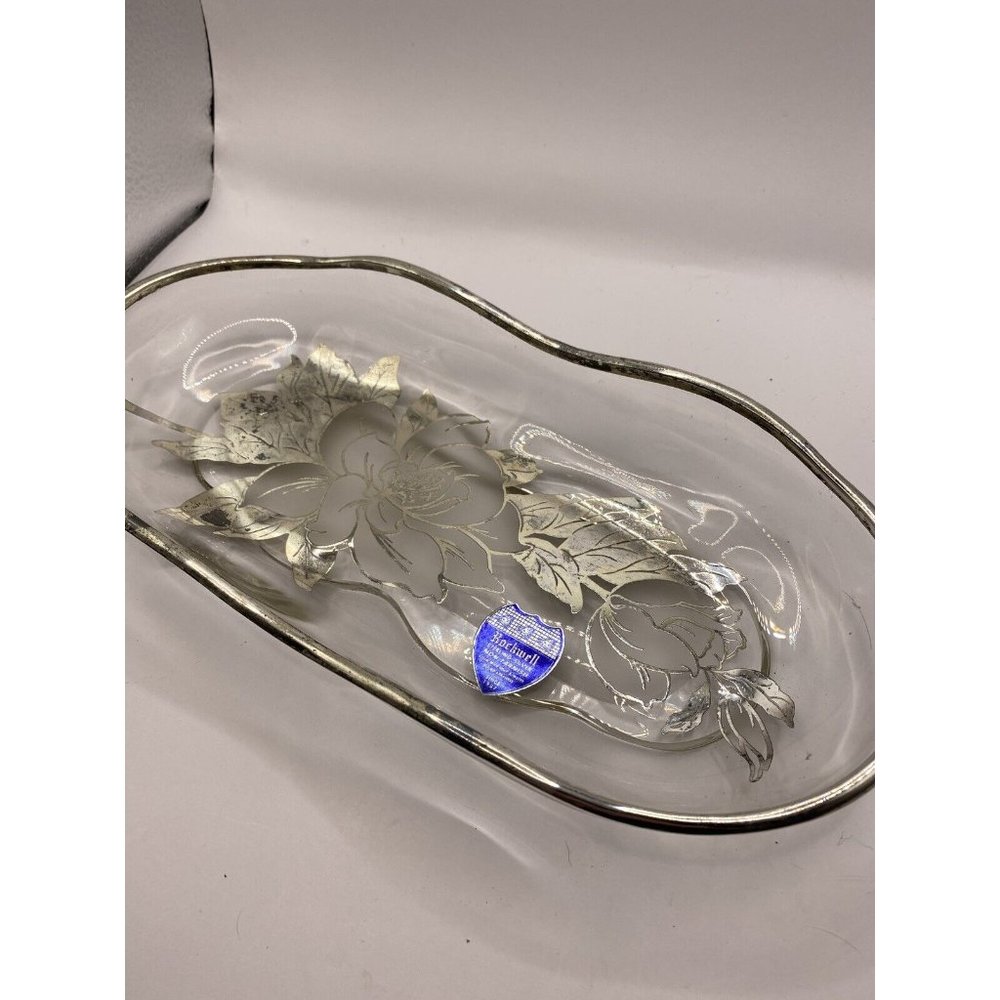Vintage Rockwell Sterling Silver Overlay Glass Tray 11.8”x5.8”